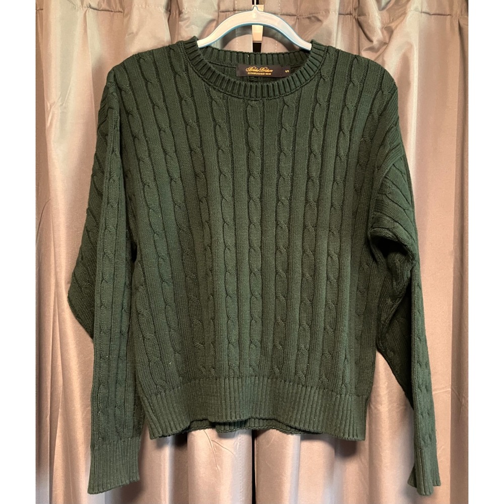Brooks Brothers Cable Knit Sweater Mens S Green Crew Neck Made in USA